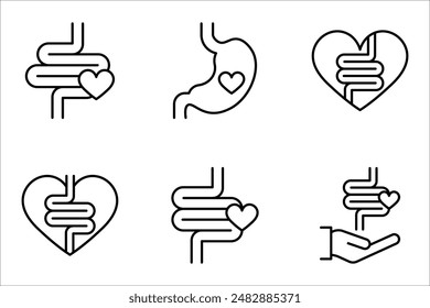 Intestine with heart icon set. Healthy internal organ, digestive tract symbol vector illustration on white background