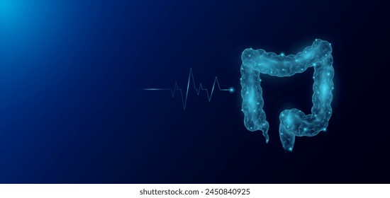 Anatomía de órganos humanos intestinales en forma de polígono bajo poli futurista y onda de pulso brillante. Anuncio de Plantilla de ciencias médicas con espacio vacío para texto. Ilustración del EPS10 del Vector.