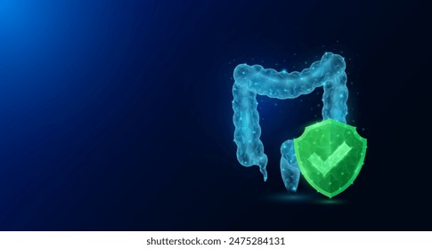 Anatomía del órgano humano del intestino en estilo poligonal con marca de verificación en el escudo verde que brilla sobre fondo azul oscuro. Símbolo de protección de la ciencia médica. Anuncio espacio en blanco para texto. Vector EPS10.