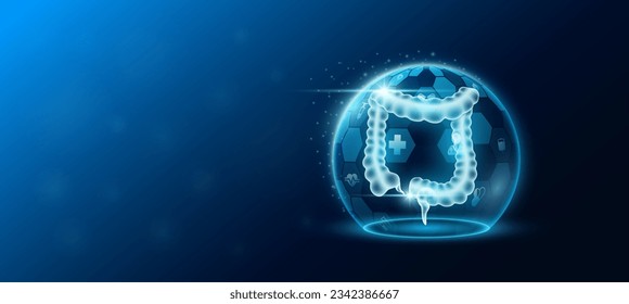 Intestine human organ inside dome shield protection futuristic and medical icon transparent. Technology innovation health care. Medical science ads website banner with empty space for text. Vector.