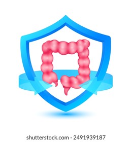 Intestine human in shield surrounded by arrow. Protection symbol health care. Medical science concept. Organ model cartoon style 3d isolated on blue background. Vector EPS 10.