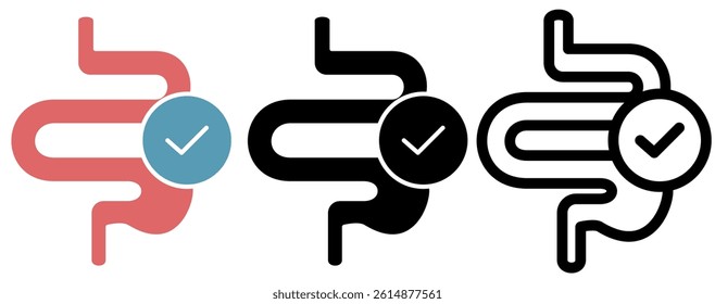 intestine icon with check mark, simple flat style, illustration, logo sign symbol pictogram template, for ui or ux isolated on white for mobile app, editable