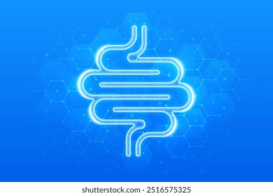 Ícone intestinal. Saúde intestinal. Diagnóstico, tratamento intestinal. Inflamação intestinal, colite, disbacteriose. Estrutura molecular. Fundo médico azul com hexágonos. Ilustração vetorial.