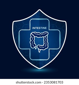 Intestine icon inside shield with medical sign symbol cross futuristic. Medical health care innovation immunity protection. On dark blue background. Human lungs organ simple flat outline vector.