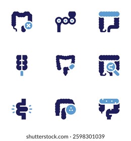 Intestine icon set. Bold style. Duotone colors. large intestine, colon, rectum, helminthiasis, intestine, carcinoembryonic, appendix.