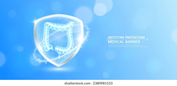 Intestine inside glass shield glowing with medical icon sign symbol on blue bokeh lights background. Human anatomy organ translucent. Medical health care innovation immunity protection. Banner vector.