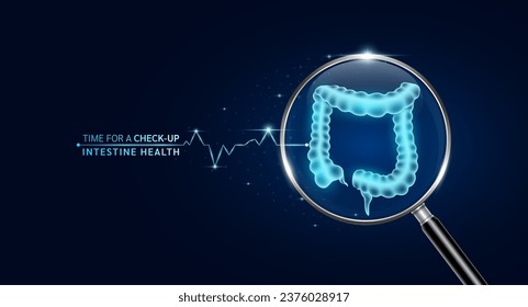 Intestine inside magnifying glass with scan search and blue glowing neon heart pulse. Health care and medical check up too innovative digital technology. Body health checkup examining organ. Vector