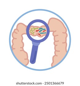 Intestine internal organs digestive system. Different bacteria under magnifying glass. Human large intestine. Vector illustration isolated on white background for medical and educational Infographics.