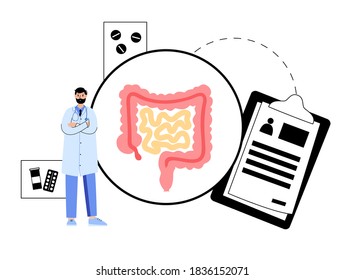 Intestine logo for gastrointestinal clinic. Bowel, appendix, rectum and colon anatomy. Doctor appointment and consult. Human internal organ transplantation and donation flat vector illustration..