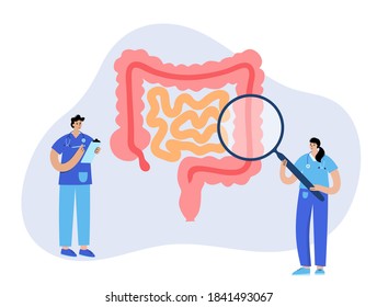Intestine logo for gastrointestinal clinic. Bowel, appendix, rectum and colon anatomy. Doctor appointment and consult. Medical exam and lab test. Digestive system disease flat vector illustration.