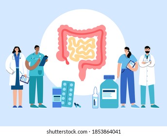 Intestine logo for gastrointestinal clinic. Bowel, appendix, rectum and colon anatomy. Doctor appointment and consult. Medical exam and lab test. Digestive system disease flat vector illustration.