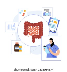 Intestine logo for gastrointestinal clinic or hospital. Bowel, appendix, rectum and colon anatomy. Digestive system disease medical poster. Human internal organs isolated flat vector illustration.