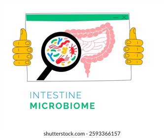 Intestine Microbiome Illustration with Magnified Bacteria and Digestive System. Gut Health Concept: Medical Vector of Beneficial Bacteria in the Digestive Tract. Vector flat style Illustration