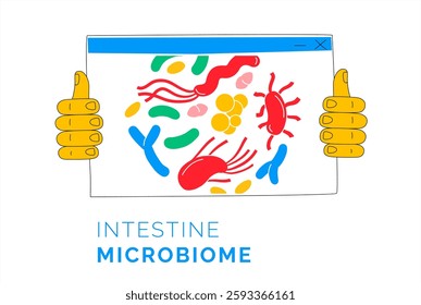 Intestine Microbiome Illustration with Magnified Bacteria and Digestive System. Gut Health Concept: Medical Vector of Beneficial Bacteria in the Digestive Tract. Vector flat style Illustration