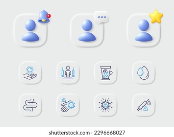 Intestine, Mint leaves and Coronavirus line icons. Placeholder with 3d star, reminder bell, chat. Pack of Coronavirus injections, Vaccine attention, Sun protection icon. Vector