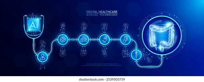 Intestine organ human and AI chip medical in stethoscope with icon cross, syringe, hospital, doctor. Technology digital health care check up modern. Dark blue background banner vector.