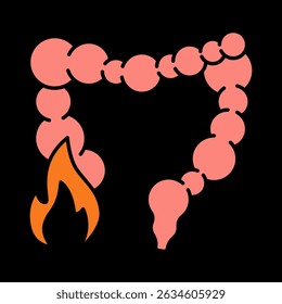 Intestine pain icon. Inflamed colon with fire symbol, indicating gastrointestinal disorder or inflammation.