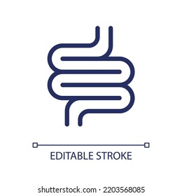 Icono de ui lineal perfecto para píxeles intestinos. Órgano corporal. Chequera de intestino. Tracto gastrointestinal. GUI, diseño UX. Esquema de elemento de interfaz de usuario aislado para aplicación y web. Trazo editable. Tipo de letra arial utilizado