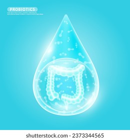 Intestine and probiotics blue in water drop. Good bacterial flora for stomach and intestine for designing dietary supplements healthy nutrition health care. Biology lactobacillus. Vector EPS10.