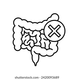 Intestine problems, linear icon. The human intestines of with a cross mark. Linear illustration, thin line, editable stroke. Infographic symbol.