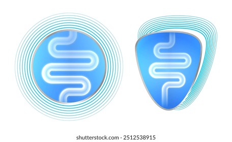 O intestino protege o emblema, adesivo de círculo com efeito de luz holográfica. Ilustração melhorando a microflora do trato digestivo para o conceito de banner médico, de saúde e relacionado ao bem-estar