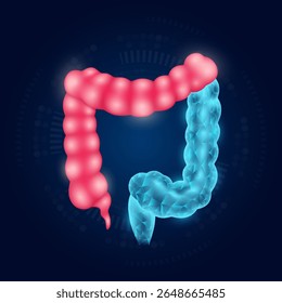 Intestine realistic shape model with translucent polygon on dark blue background. Medical science technology. Treatment with prosthetic organs concept. Vector EPS10.