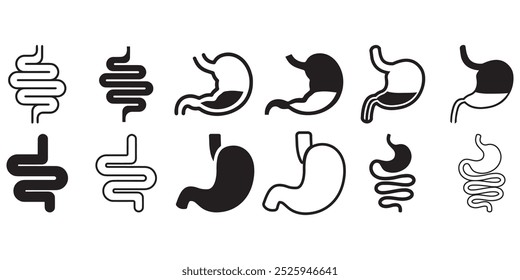 Intestine And Stomach Icon Set. Healthy gut. Digestive Signs.  Human anatomy, intestines or intestinal tract. Intestinal colonoscopy symbol.