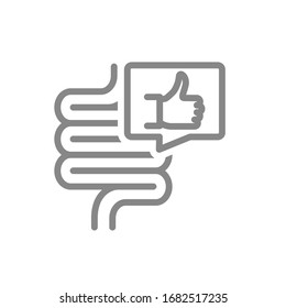 Intestine with thumb up in speech bubble line icon. Healthy internal organ, digestive tract symbol