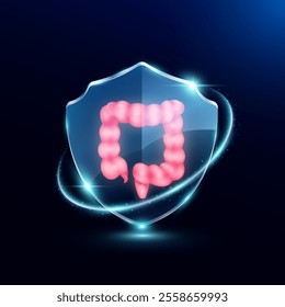 Intestine in translucent glass shield modern. Surrounded by glowing ring safety guardian. Human anatomy organ on blue background. Medical health care immunity and protection concept. Vector EPS10.