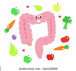 Intestine in vegetables on a white background. Proper nutrition. Vector illustration.