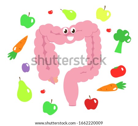 Intestine in vegetables on a white background. Proper nutrition. Vector illustration.