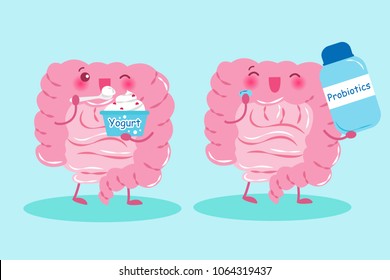 Intestine With Yogurt And Probiotics On The Blue Background