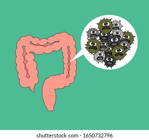 Intestines and bacteria on a white background. Vector illustration.