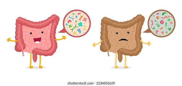 Intestines character microscopic bacterias magnification comparison. Human intestine mascot healthy and unhealthy microbiome. Gut bad and good microflora. Digestive internal organ probiotic flora. Eps