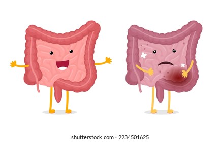 Los caracteres Intestines son comparaciones sanas y no sanas. El intestino humano mascota buena y mala condición. El instinto de la caricatura sonriente y enfermo triste. Bowel fuerte y dañado. Órgano interno digestivo. Vector