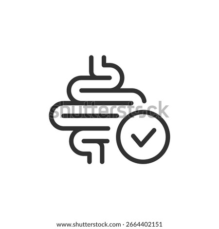 Intestines with checkmark, linear icon. Gut health or digestive wellness. Line with editable stroke.