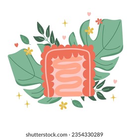 Intestines. The composition of the intestines on the background of the leaves. Vector illustration
