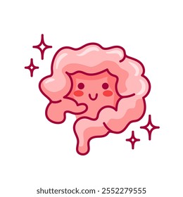 Intestinos. Carácter lindo en estilo kawaii. Un órgano sano del sistema digestivo mostrado en Ilustración vectorial. Ideal para pegatinas, libros, Elementos de diseño y folletos médicos.