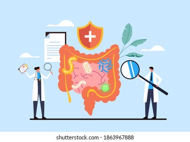 Intestines diagnosis microflora disease research. Health care concept. Vector flat graphic design illustration