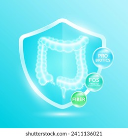 Intestines in glass shield. Probiotic fiber and FOS fructo oligosaccharides. Vitamins beta carotene supplement nutrients necessary for health. Create balance for the gut. Medical health care. Vector.