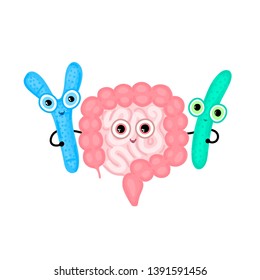 Intestines hugging with probiotics. Digestive tract. Large and small intestine. Digestion. Bifidobacterium and lactobacillus. Gastroenterology. Cute characters. Lactic acid bacterium. Vector, eps10