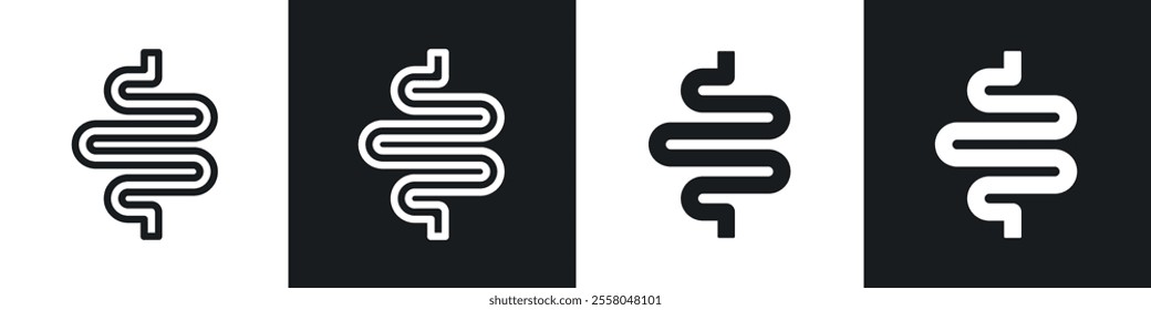 Intestines icons pack in black and white filled and outlined versions.