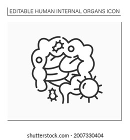 Icono de línea Intestines. Proceso feroz. Enfermedad del tracto gastrointestinal. Tratamiento médico. Concepto de órganos internos humanos.Ilustración vectorial aislada.Accidente cerebral editable