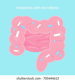 Intestines with microbiota. Cartoon style. Vector hand drawn illustration.