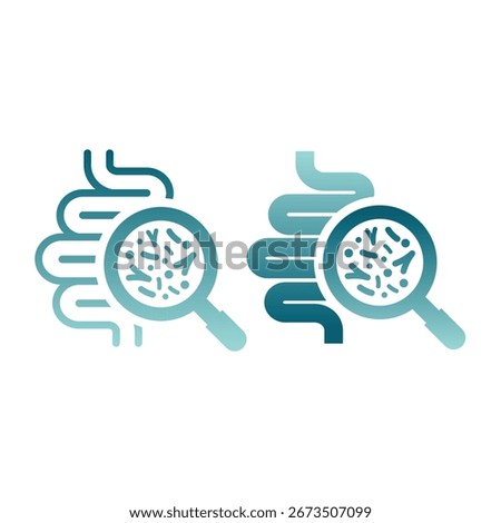 Intestines with microbiota vector icon. Guts or intestine and bowels with bacterium or microflora an magnifying glass.