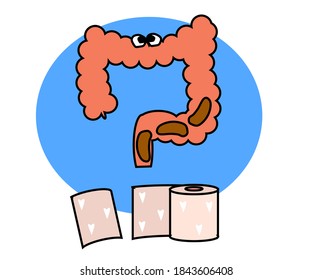 Intestines on a blue background. Large intestine and toilet paper. Cartoon. Vector illustration.