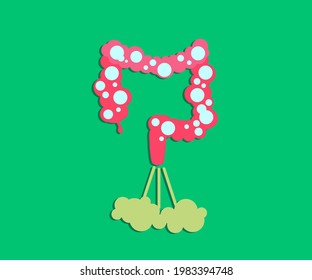 Intestines On A Green Background. Bloating. Vector Illustration.