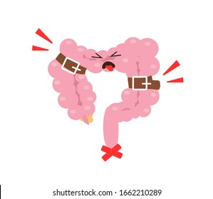 Intestines on a white background. Bloating and cramping. Vector illustration.