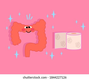 Intestines and toilet paper. Cartoon. Vector illustration.