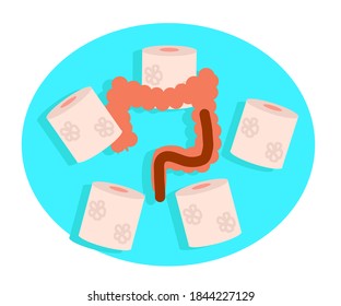 Intestines and toilet paper. Cartoon. Vector illustration.